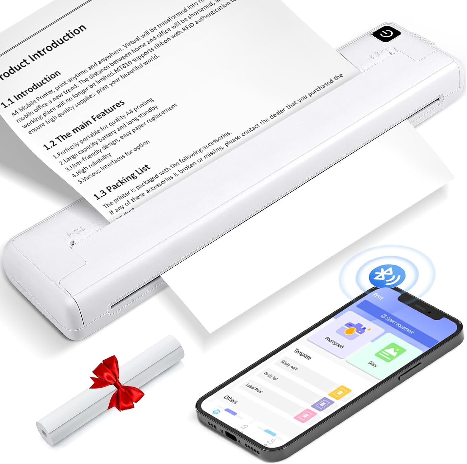 Portable Wireless Thermal Printer, Bluetooth Printer Support A4 Thermal Paper, Thermal Tattoo Printer, Compatible with Android & iOS Phone, Inkless Printer for Office, Home, School