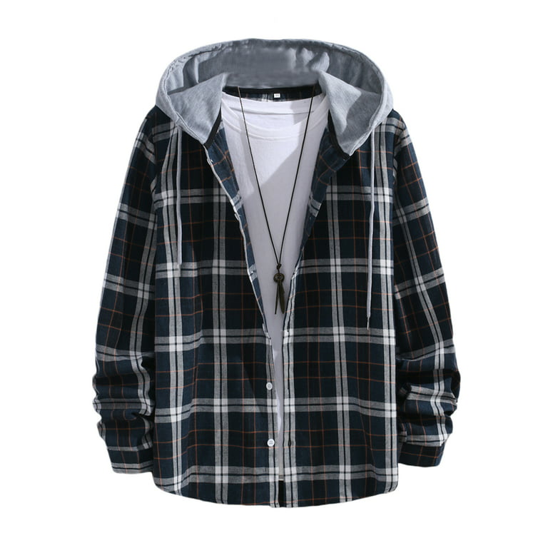 Plaid Pattern Men's Color Block Casual Long Sleeve Hooded Shirt