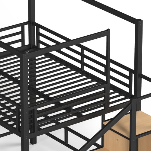 Full Size Metal Loft Bed with Storage Stairs, Built-in Wardrobe, Canopy Frame, LED Light, and Ample Underbed Space, Black