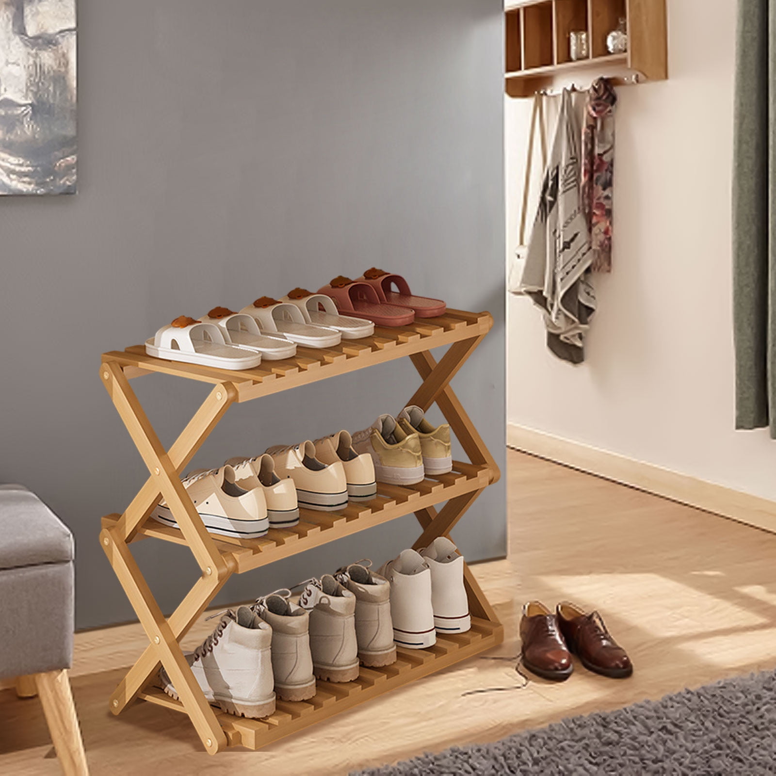DAMAI 3 Tier Bamboo Shoe Rack,Portable Folding Multifunctional Free Standing Shoe Shelf Storage Shoe Storage Rack,Without Installation Small Shoe Rack Perfect for Corridors,Bedrooms and Small Spaces