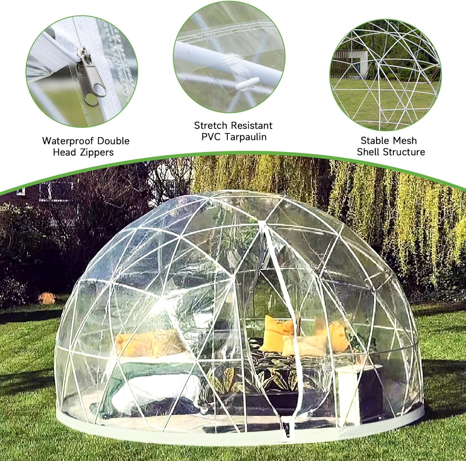 Esheno Garden Dome Tent 9.5x5.7FT PVC Transparent Cover Weatherproof Geodesic Bubble for Patio Party Greenhouse (White)
