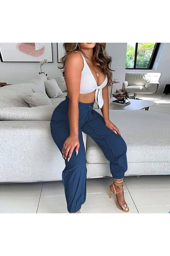 Womens Dress Pants Stretchy Womens Pants Knicker High Waist Rise Long Straight-Leg Blue L