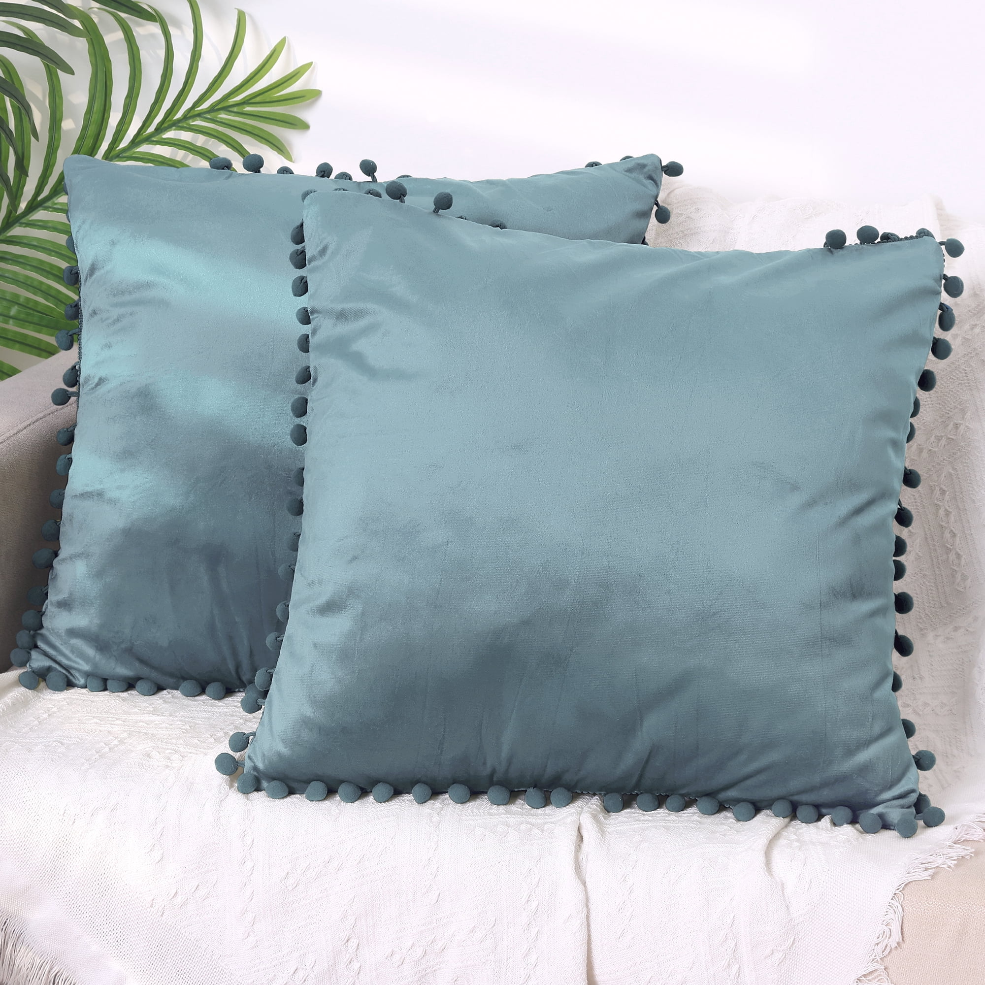 Unique Bargains Velvet Throw Pillow Covers 4 Pcs Pompoms Decorative Pillow Cases Blue/Dark Blue 18" x 18"