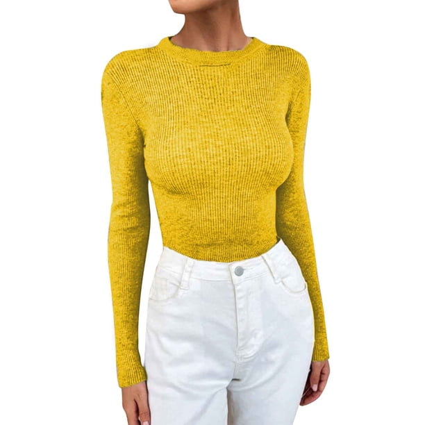 Gibobby SuéTer Mujer Invierno Suéter de punto con cuello redondo de color sólido para mujer Suéter de cuello con fondo(Amarillo,CH)