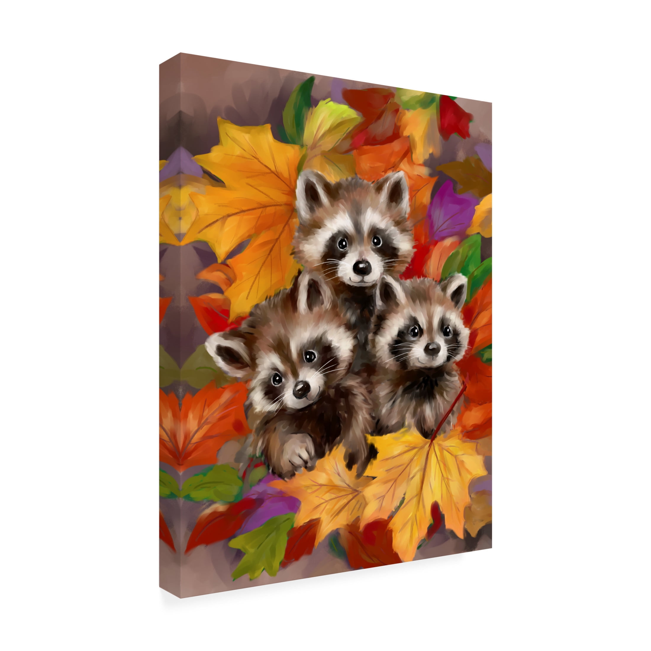 Canvas Wall Art - MAKIKO 'Three Raccoons in Autumn' Wall Art for Living Room, Bedroom, or Office Décor by Trademark Fine Art - 35 x 47 Inches