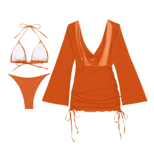 Trajes de baño para mujer, Trajes de baño para mujer Moda Mujer Blusa de malla de color liso con protección solar Conjunto de tres piezas Bikinis de playa divididos Conjuntos de trajes de baño Traje d