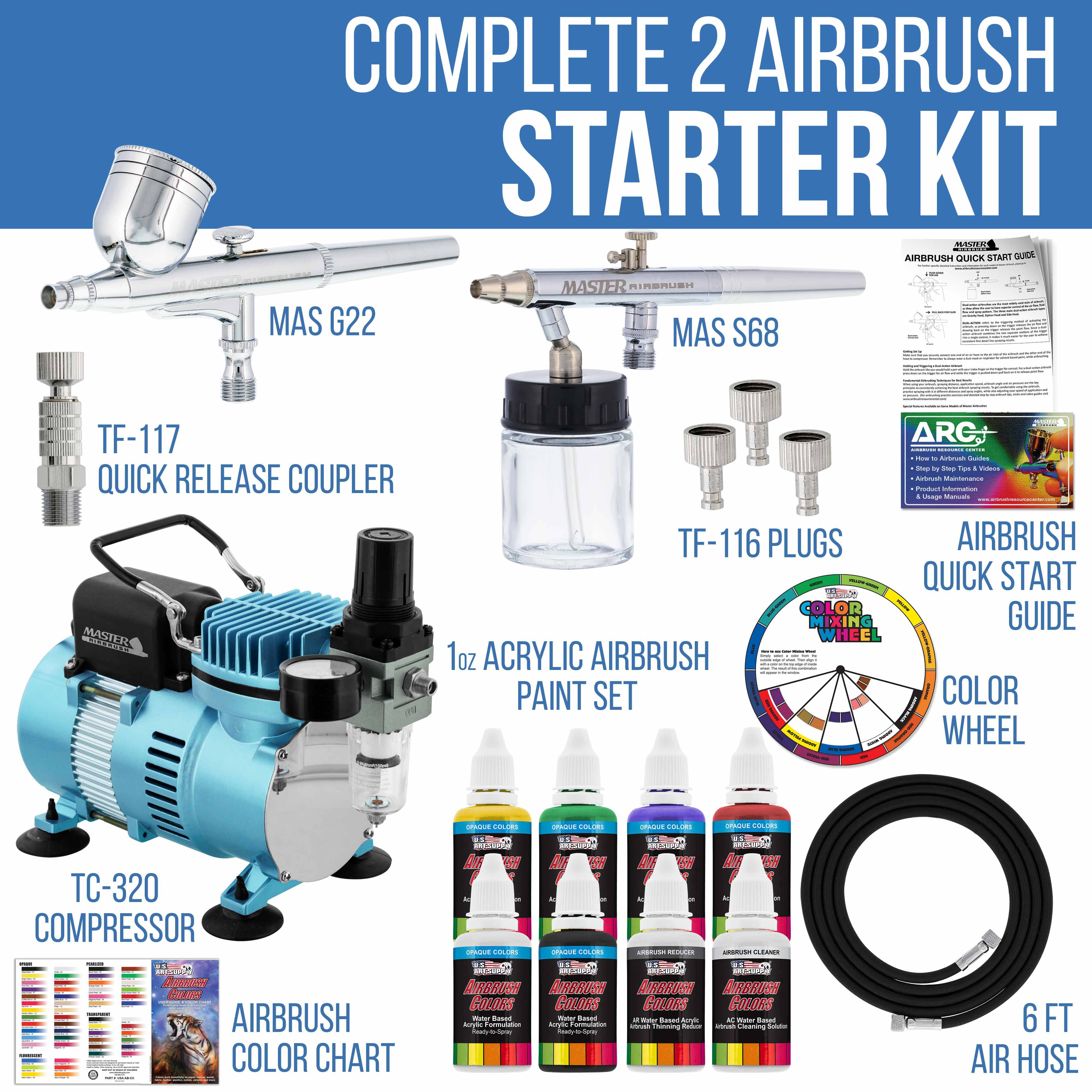 Master Airbrush Dual Fan Air Compressor Kit with 2 Professional 