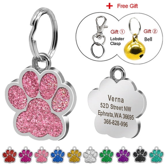 Didog Paw Glitter Personalized Dog Tags Engraved Cat Puppy Pet ID Name Collar Tag Disc with Bell