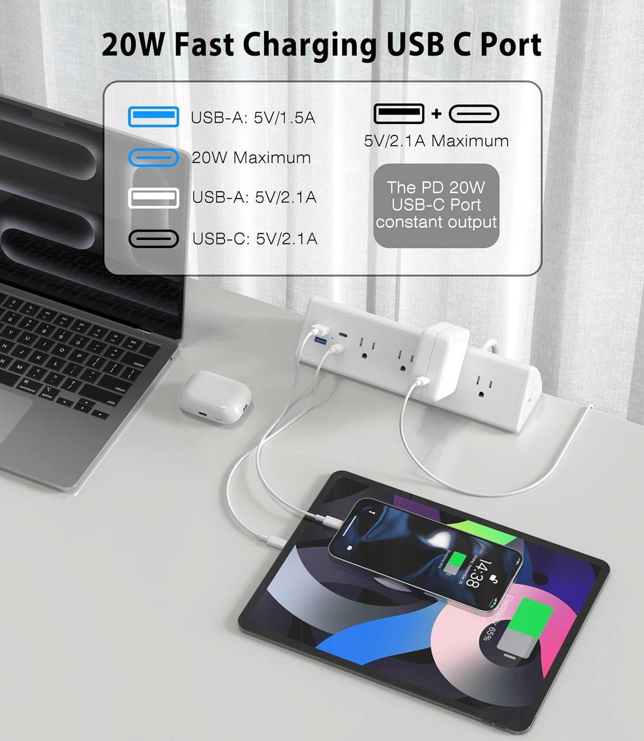 Desk Clamp Power Strip,20W   Station,Surge Protector Nightstand Edge Mount,1875W Extension Cord with Multiple Outlets,2 USB-C,2 USB-A,for  Office (White, 6 FT)