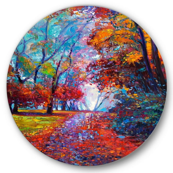 Designart 'Red Autumn Landscape With Little Road' Traditional Circle Metal Wall Art 36x36 - Disc of 36
