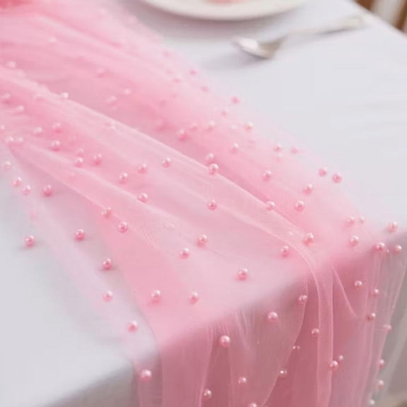 118-Inch Pearl Tulle Table Runner, 30" x 118" Extra Long Sheer Mesh Table Cover with Faux Pearls, Elegant Fabric for Wedding Reception, Bridal Shower, Arch Draping & Party Decor