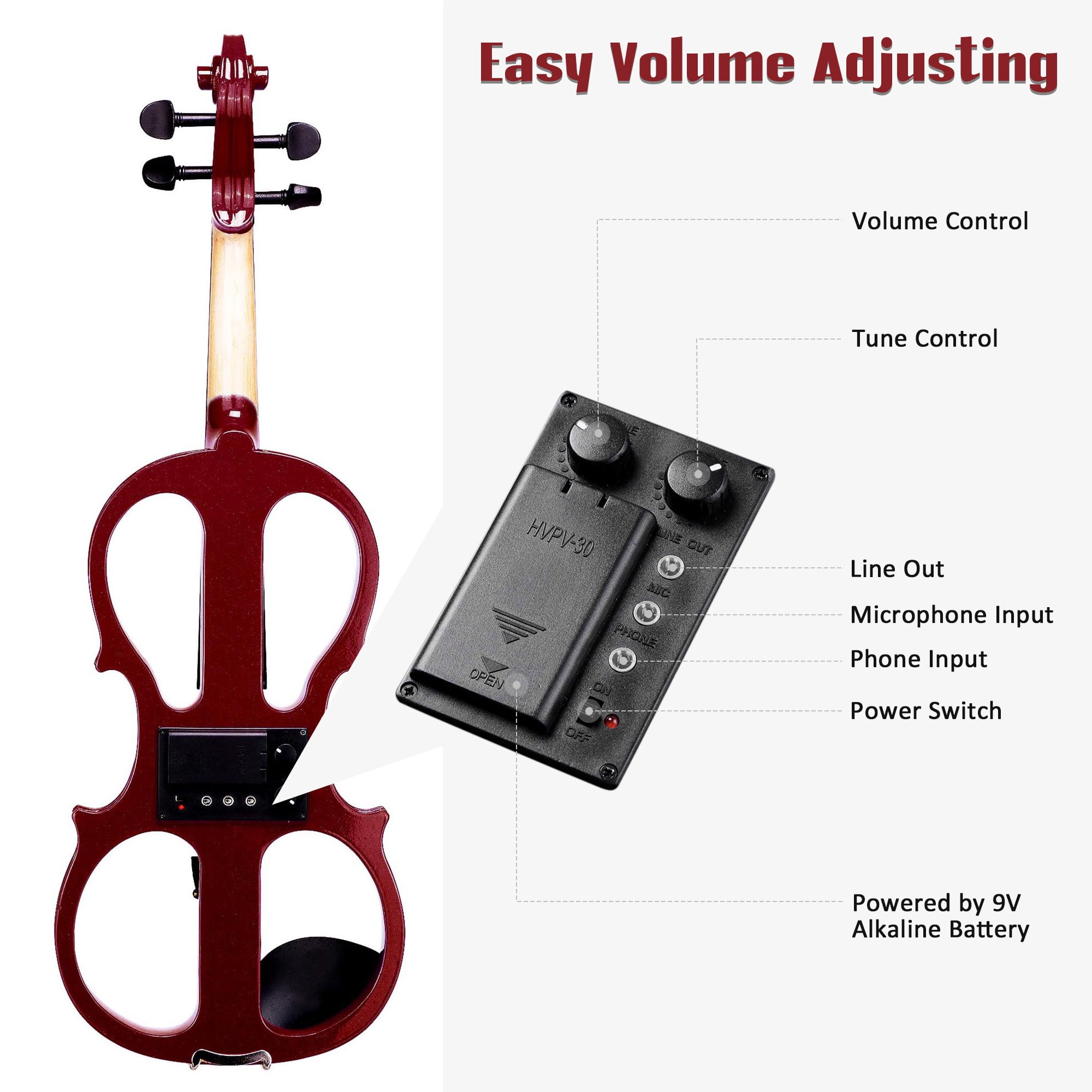 4/4 Electric Violin Full Size Wood Silent Fiddle Stringed Instrument Bow Headphone Case Jujube Red