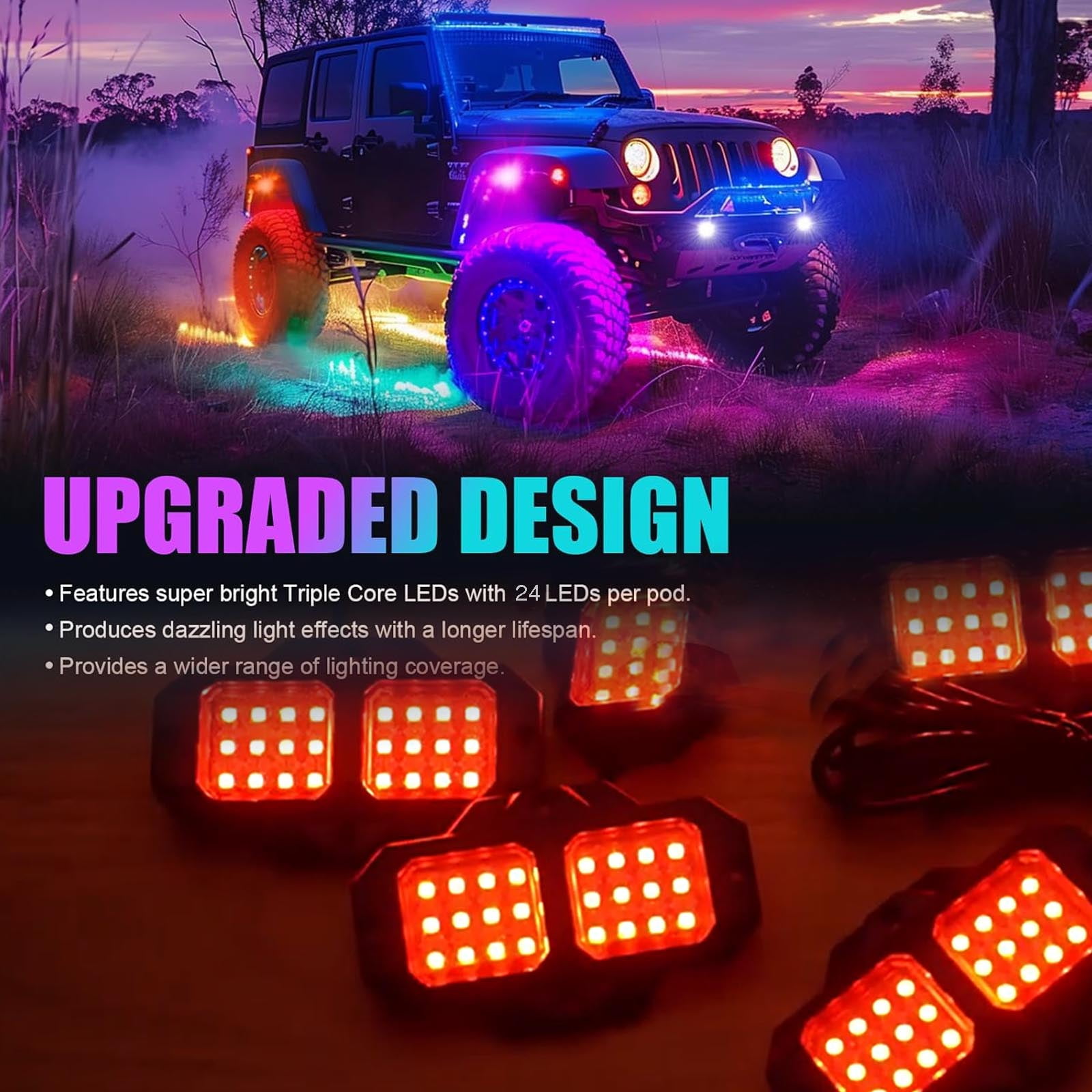AUTOXBERT 8Pods  RGB Rock Light Neon Underbody Trail Rig Glow Lamp for Offroad SUV Pickup Truck