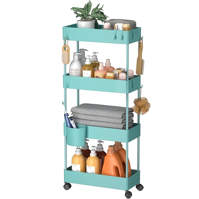 Carrito de almacenamiento delgado Pipishell de 4 niveles para baño, color turquesa