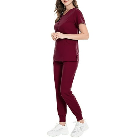 

Sksloeg Scrub Set Women Stretchy Clearance Slim V-Neck Scrub Zipper Top Skinny Cargo Scrub Pants Short Sleeve Classic Fit Workwear Wine XL