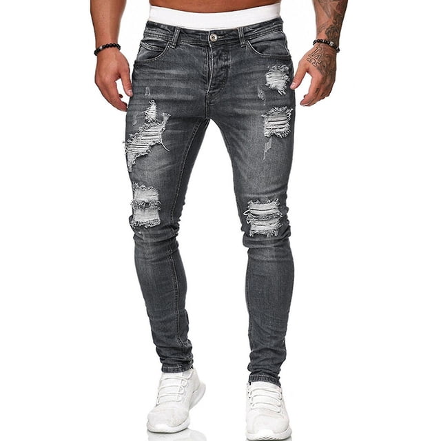 Men Ripped Hole Jeans Denim Pants Pockets Button Skinny Long Trousers