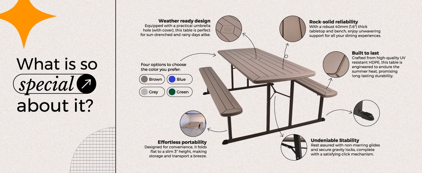 Hampden Furnishings Travis Collection Folding Picnic Table with Built-in Benches, UV-Resistant, Sturdy Outdoor Table with Umbrella Hole, Grey