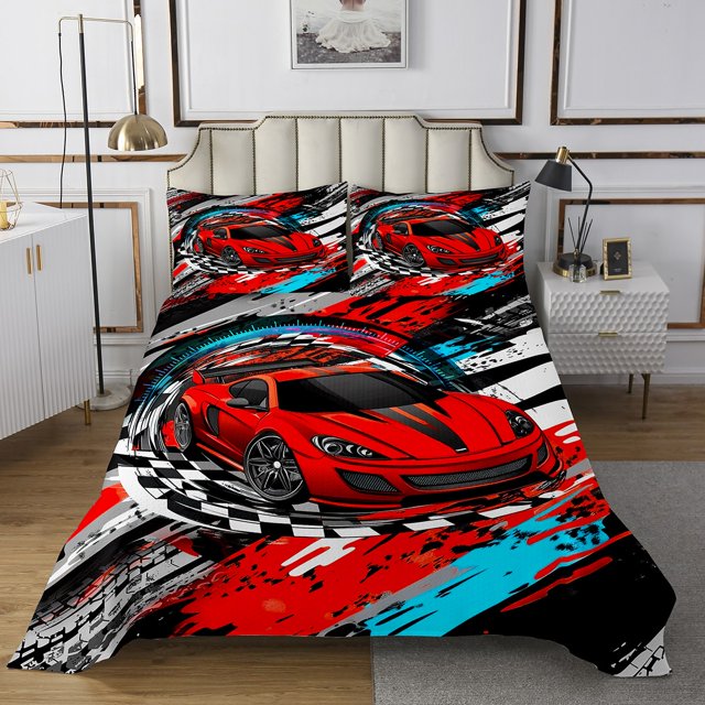 Erosebridal Cartoon Car Quilt Sets for Queen Size Bed, Racing Car Bed Set, Speed Sports Decor 3 Pieces