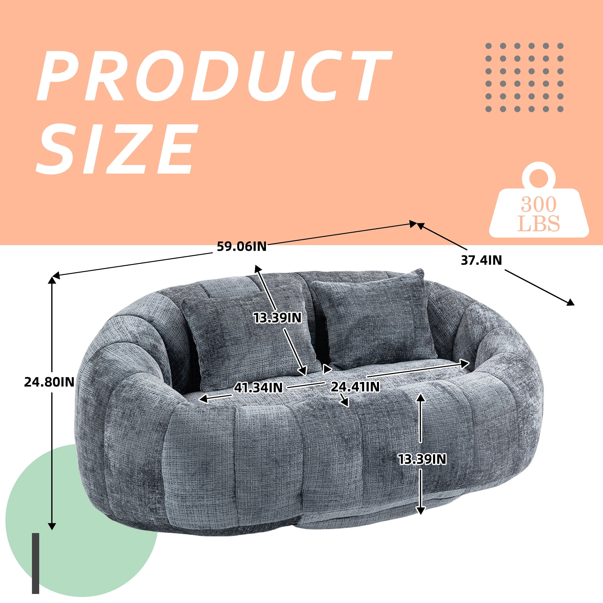 MOONMISS Chenille Durable Comfort Lounger High Back Bean Bag loveseat Lazy Sofa-Gray