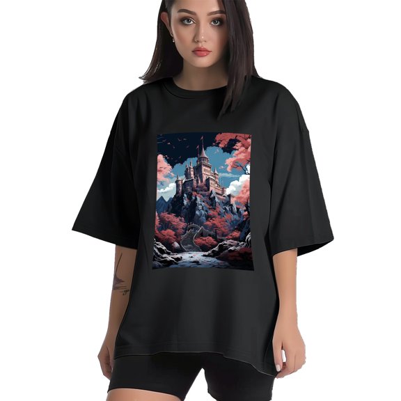 Plus Size Shirt for Women Black Tops for Women Short Sleeves Shirt for Women Castle (72） T Shirt Crewneck Shirt for Women XS