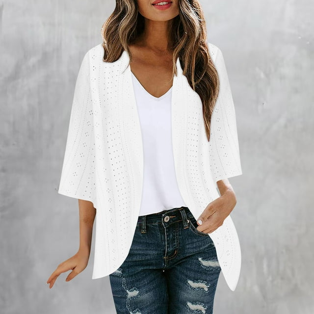 AherBiu Cardigan pour Femmes Manches 3/4 Léger Printemps Été Automne 2024 Mode Décontracté Doux Confortable Veste Ouverte