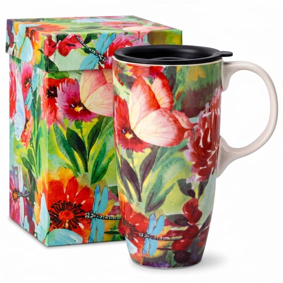 Ceramic Coffee Mug 17 oz. Coffee Cup with Color Boxs and Spill-proof Lid, Butterfly and Dragonfly