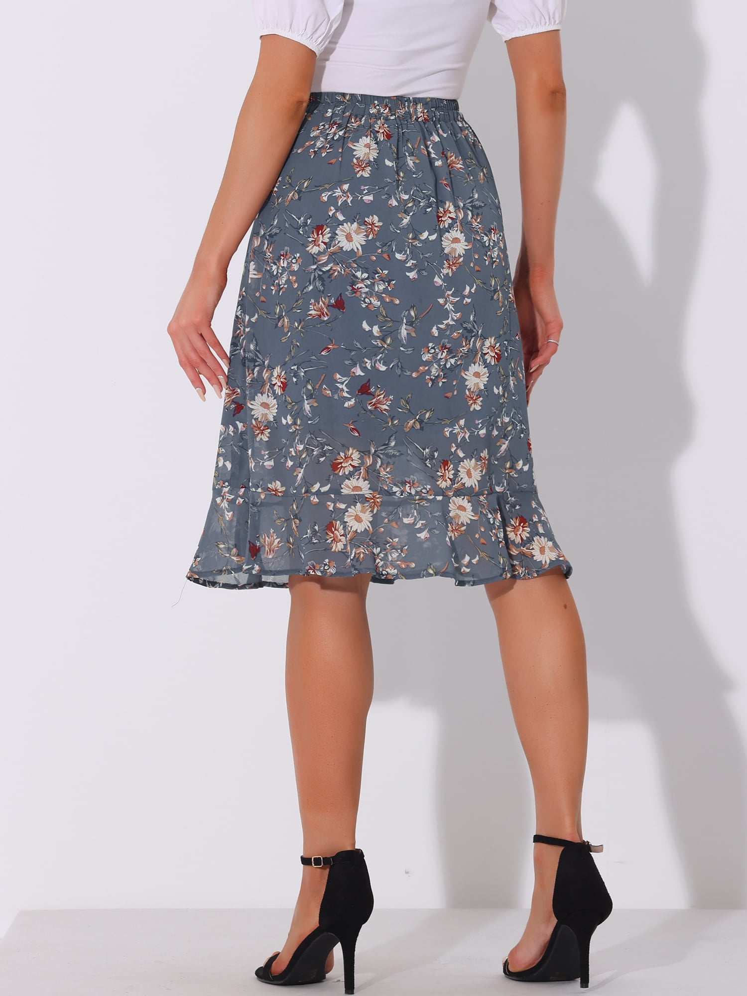 DARING DIVA Women's Floral Ruffle Hem Elastic Back Split Skirt L Grey Blue
