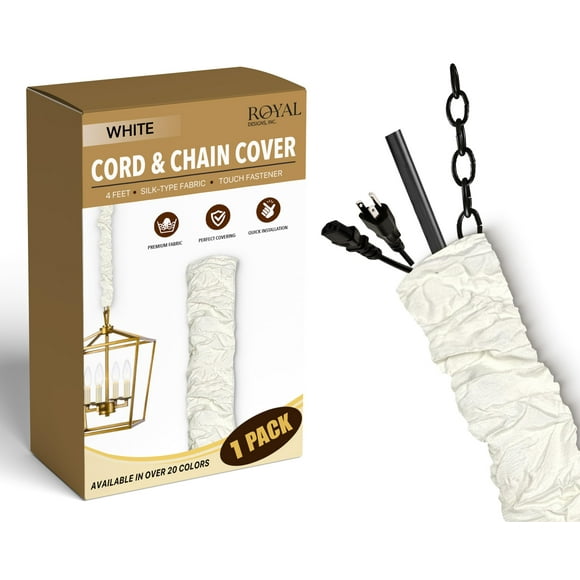 Royal Designs Inc. Cubierta Para Cordón Y Cadena, 4 Pies, Tela Tipo Seda, Lámpara Colgante, Cadena De Iluminación Y Gestión De Cables, Cierre Táctil, Color Blanco, 1 Paquete