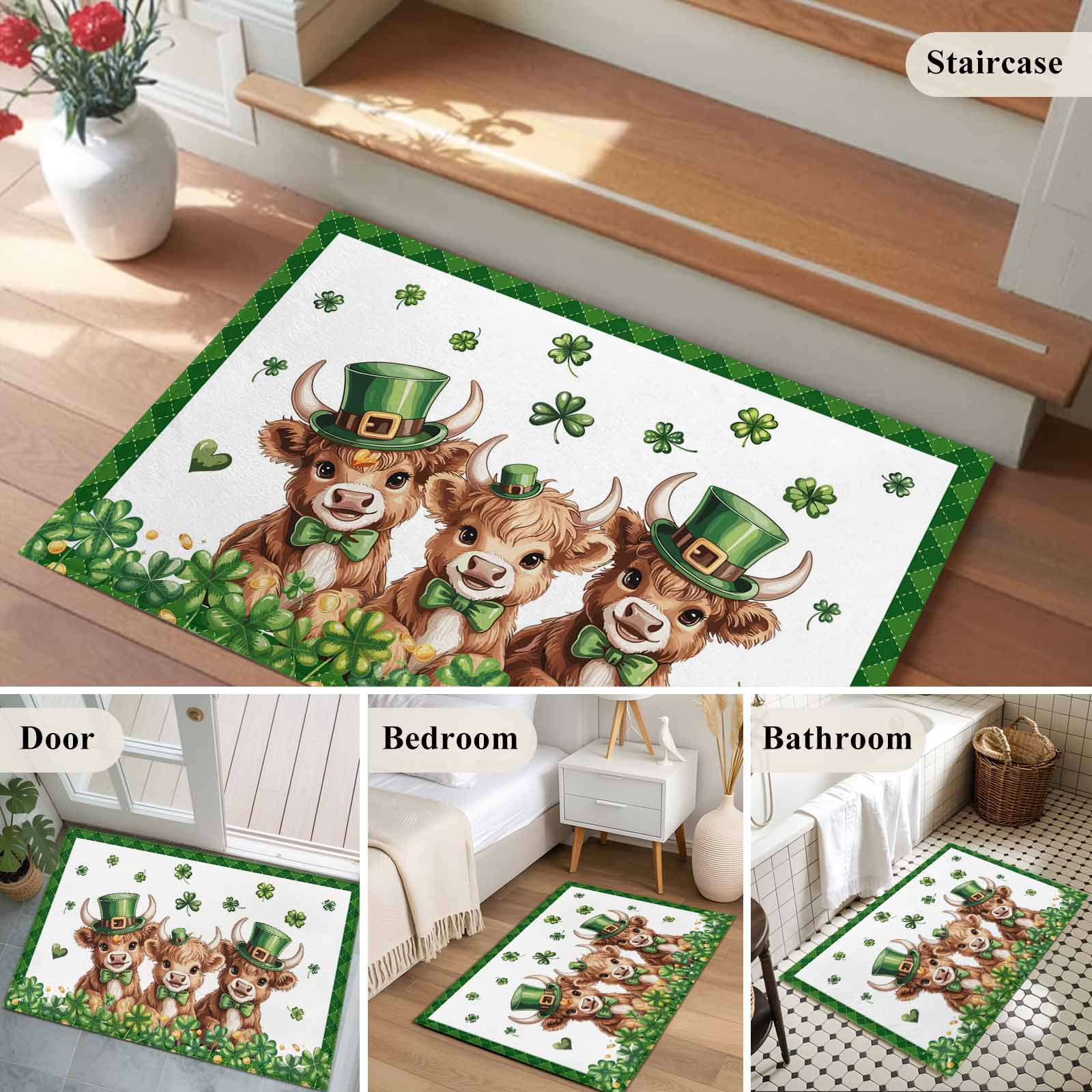 Entryway Rug 2'x3', St. Patrick's Day Small Rug for Kitchen Bathroom Door Mat Indoor Entrance, Cute Highland Cow Shamrock Gold Coin Green Non-Slip Area Rugs Floor Mats Carpet Front Door Rugs