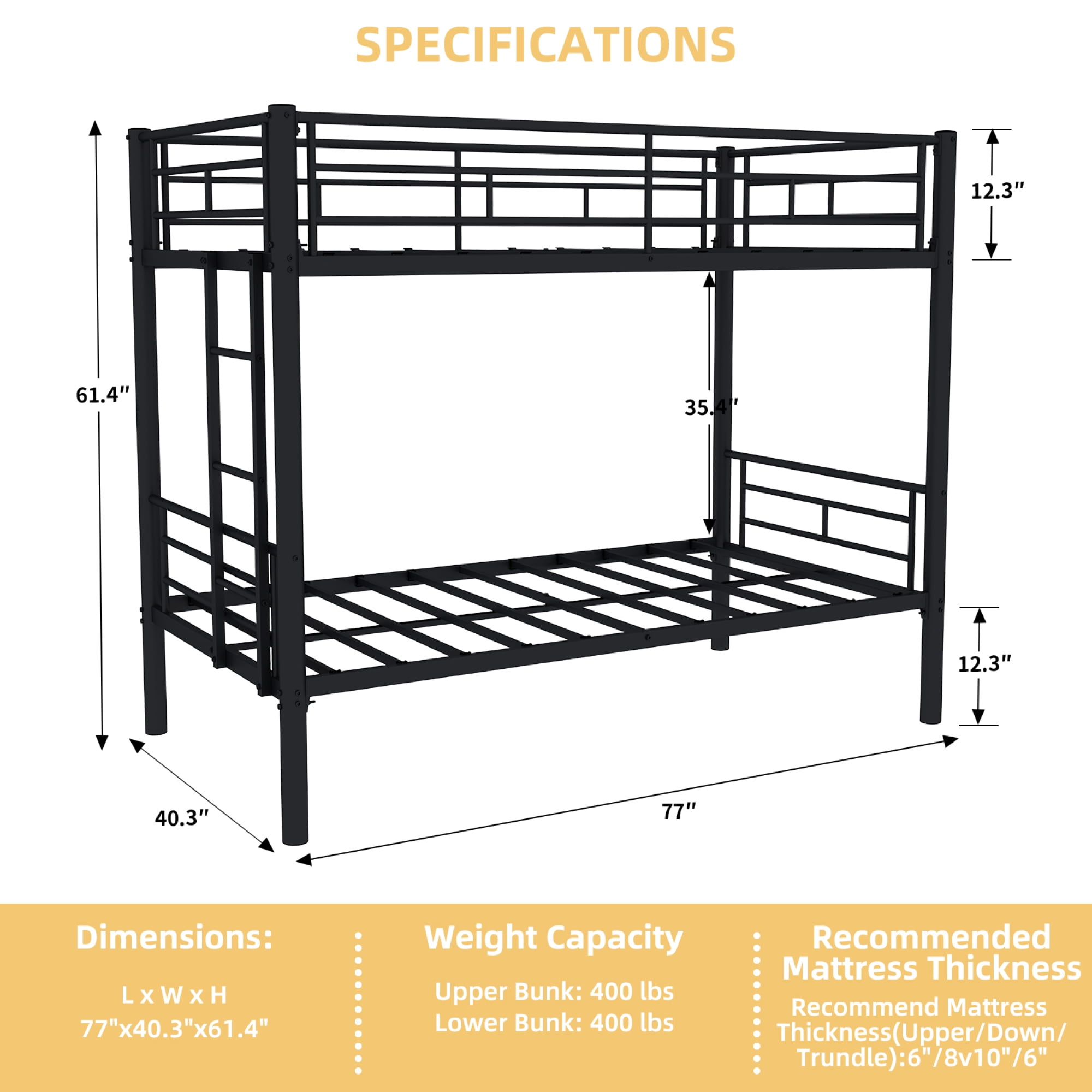 Leumius Twin Over Twin Bunk Bed for Kids Boys Girls, Metal Bunk Bed with Ladders & Guardrail,Convertible 2 Beds,Black