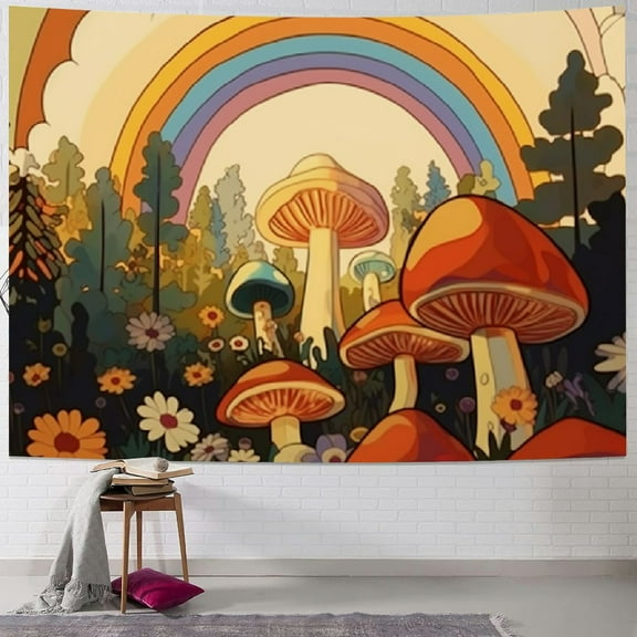 Fenyluxe  70s Vintage Sun Rainbow Tapestry Vintage Retro Mushroom Boho Funky Floral Abstract Aesthetic Groovy Wall Hanging Bedroom Living Room Dorm Decor Fabric 40x30inch