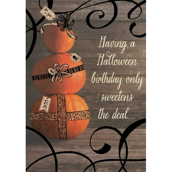 Designer Greetings Stack of 3 Pumpkins on Wooden Bench Halloween Birthday Card