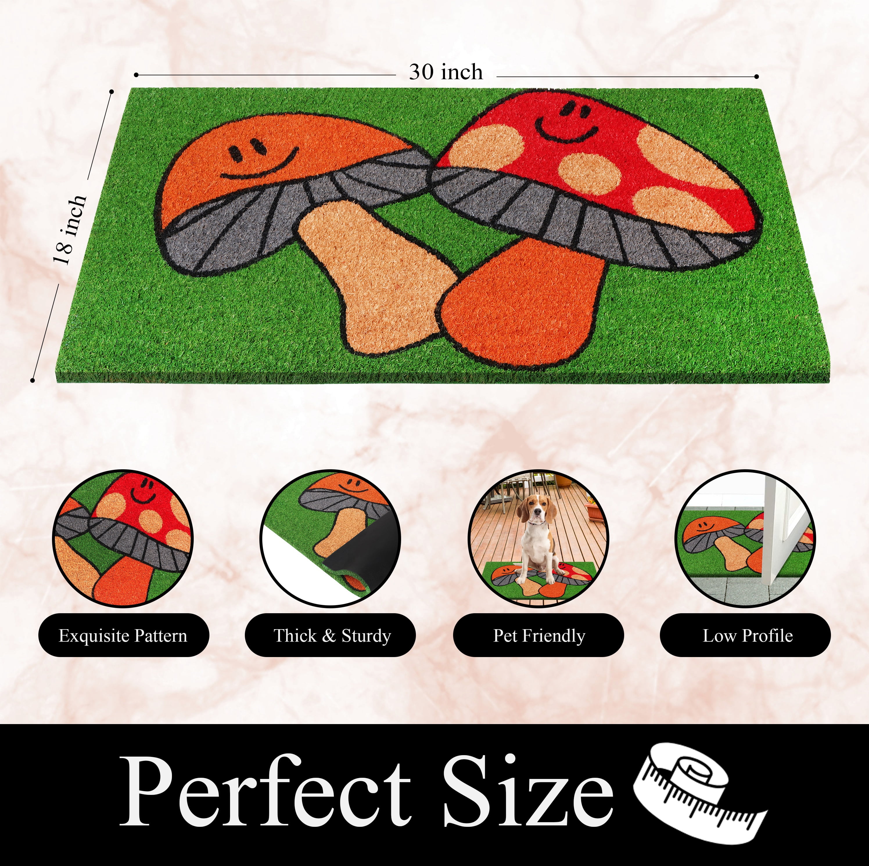 A1HC Dancing Mushroom Natural Coco Coir Doormat with Heavy-Duty Non-Slip PVC Backing, 18"x30", Durable Low-Profile Welcome Mat