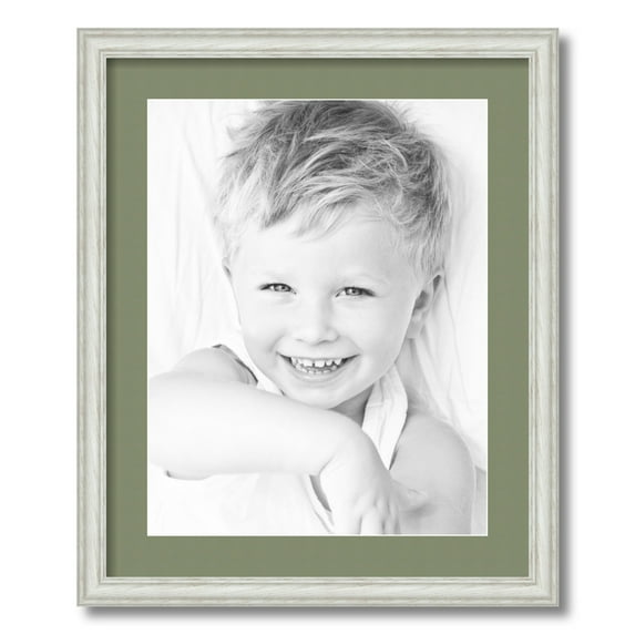 ArtToFrames 18x22 Matted Picture Frame with 14x18 Single Mat Photo Opening Framed in 1.25 Off White Wash on Ash and 2 Basil Mat (FWM-4098-18x22)