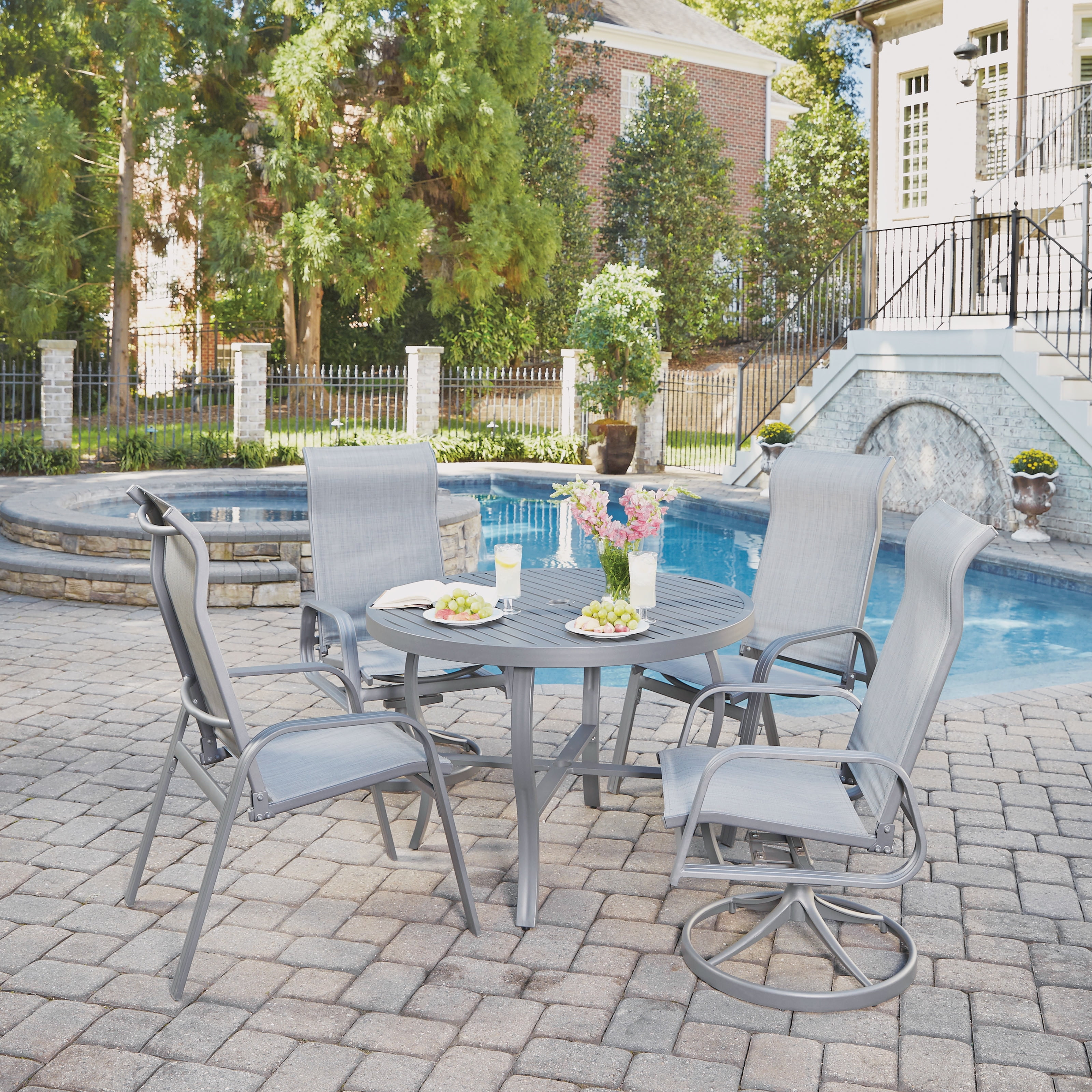 Daytona 5 Pc. Round Outdoor Dining Table with 2 Swivel Rocking Chairs