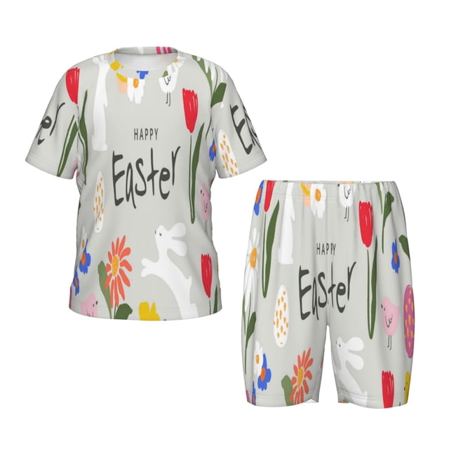 Balery Happy Easter Conjunto de Pijama Infantil de Manga Corta con Estampado – Ropa de Dormir de Algodón Suave-3X-Large