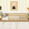 thumbnail image 2 of PORKISS Twin Floor Bed with Guardrails, Natural Wood Montessori Floor Bed Frame with Slats, Low Bed Frame for Kids Room, Open Entry Design, No Box Spring Needed, 2 of 10