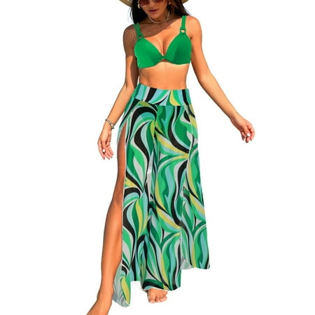 Previn Women s 3 Piece Bikini Set Cover Up Pant Printed Adjustable Shoulder Straps Bath Suit Cool Curvy Brief Beachwear Billowy Spring Break Green X-Large