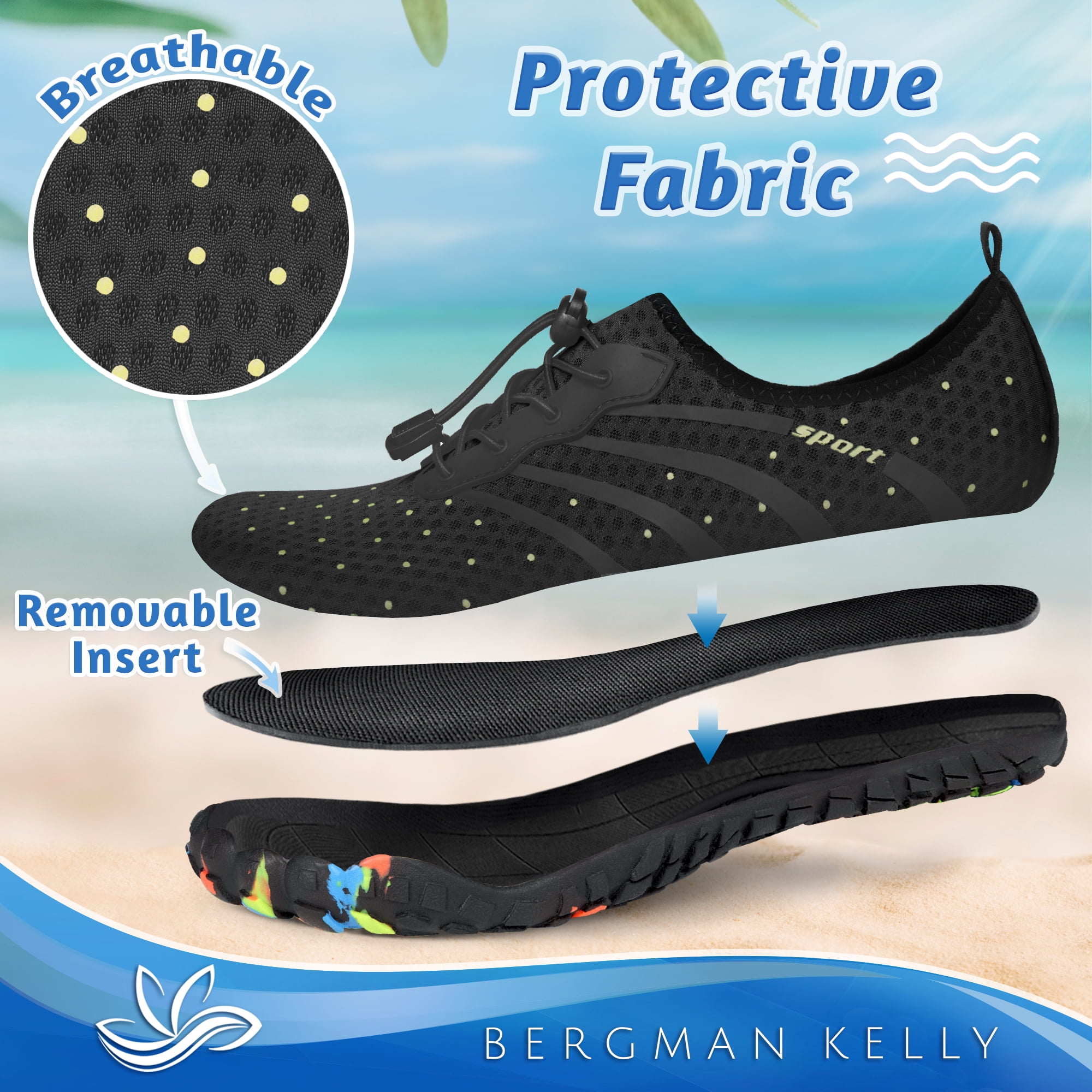Bergman Kelly Mens and Womens Durable Water Shoes Aqua Socks, Barefoot Skin Shoes for Water Sports Mud Racing Beach Surf Pool US Casual Shoes