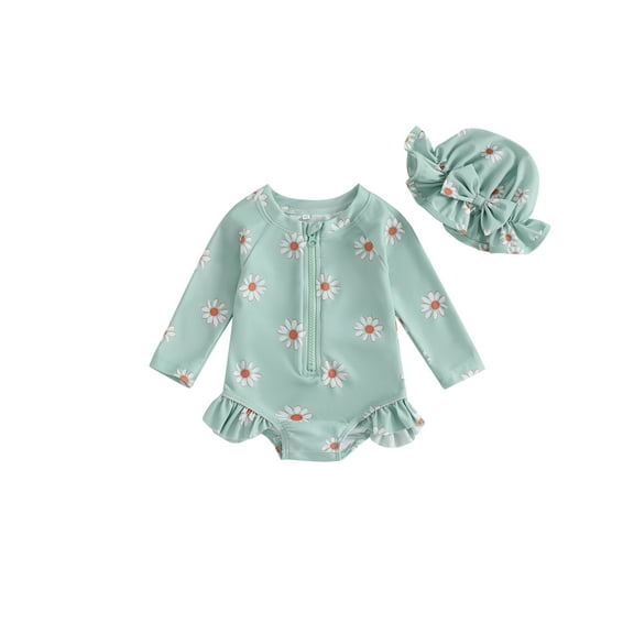 Elippeo Baby Girls Swimsuit, Long Sleeve Flower Print Zipped Bikini with Hat Newborn Swimwear for Summer Bathing 6 9 12 18 24 Months 3 Years