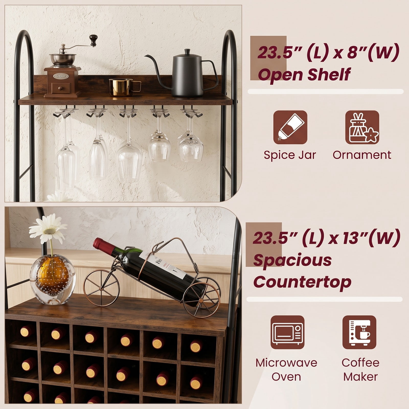 RUIE Baker's Rack with Detachable Wine Rack and 5 Rows of Stemware Holder, Freestanding Kitchen Storage Shelf Holds 18 Bottles and 15 Glasses, Metal, Rustic Brown