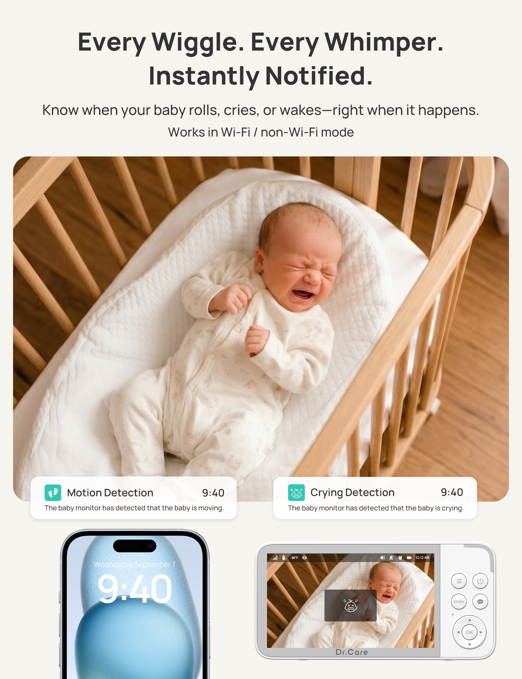 Dr.Care 5" Smart WiFi Baby Monitor with 2K HD Security Camera,APP Control, Cry & Motion Detection,Pan-Tilt-Zoom,Temp, Nightvision, 2-Way Talk