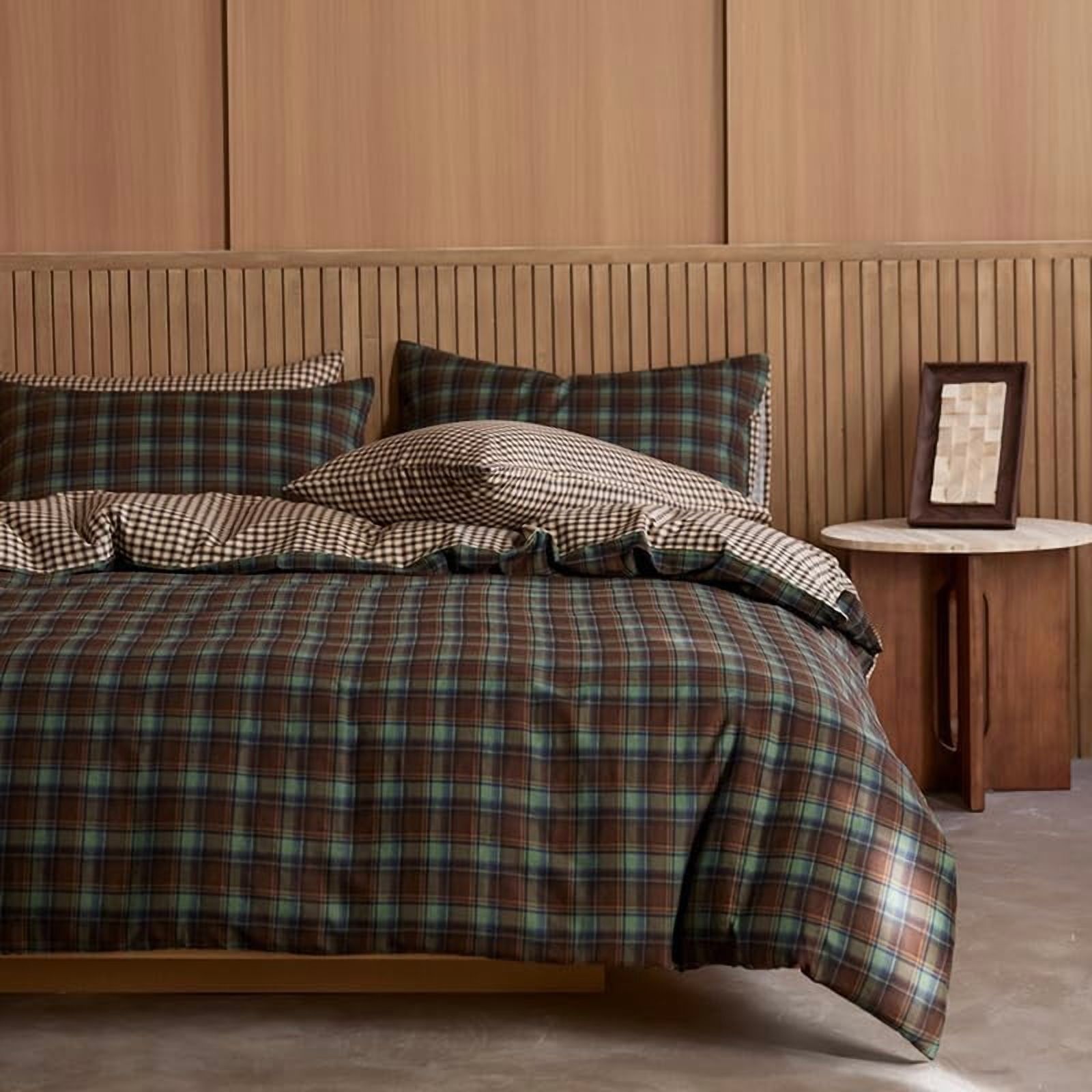JOLUSERE Green Brown Plaid Duvet Cover King Set, 3-Piece Vintage Beige Brown Grid Checkered Pattern Soft Comforter Cover