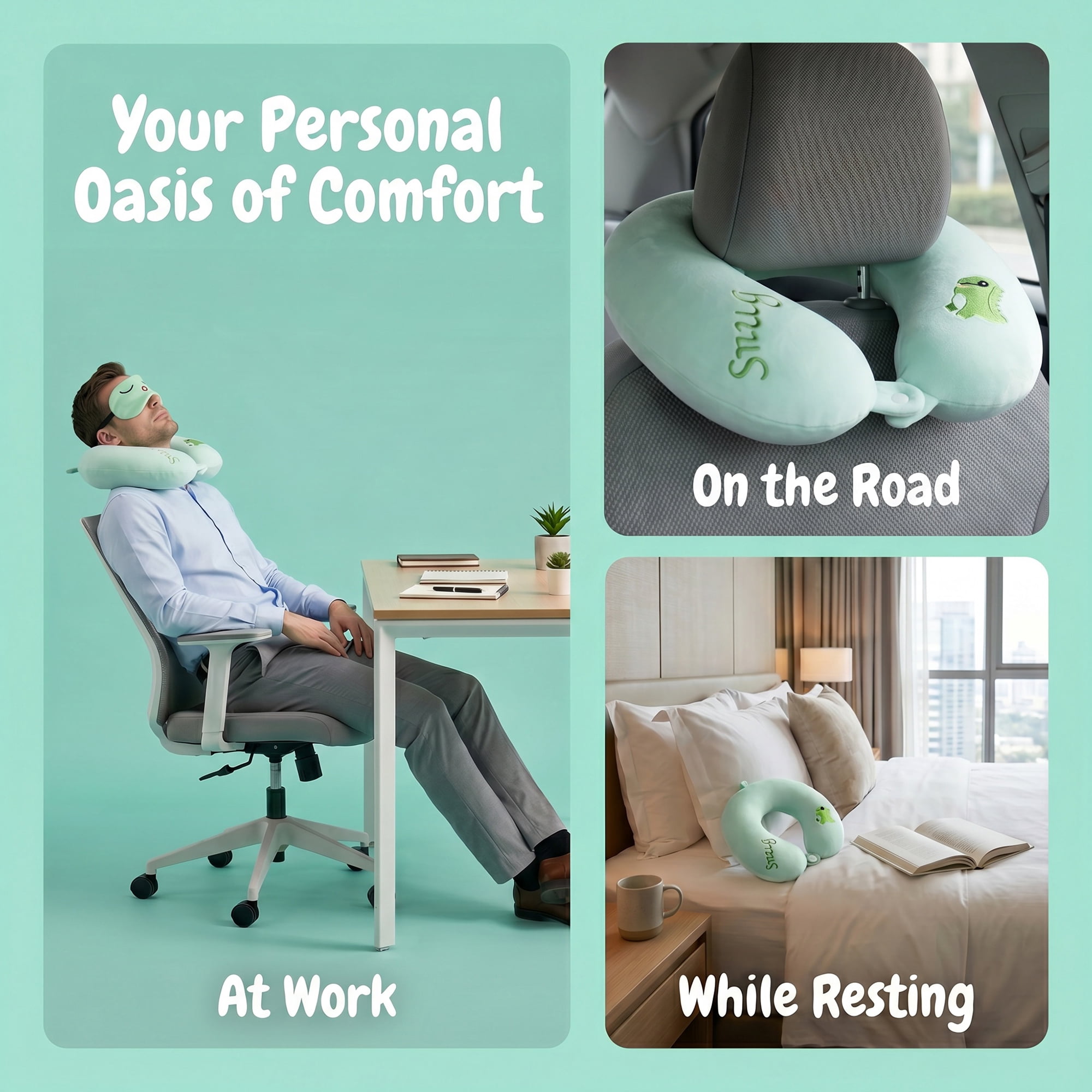 Unique Bargains Memory Foam Neck Pillow U Shape Neck Pillow with Eye Mask Cyan 12"x12"