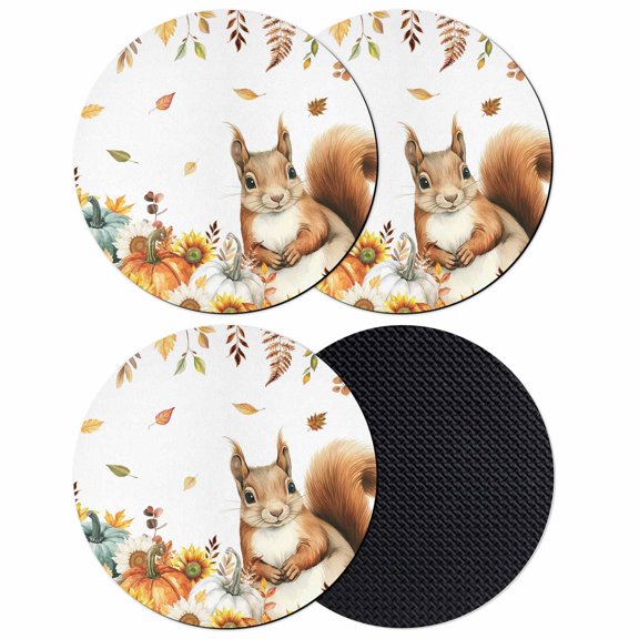 Thanksgiving Squirrel Coasters Set of 4, Absorbent Coasters for Drinks, Fall Pumpkins Sunflower Autumn Coaster for Desk Coffee Table Protection, Home Decor House Warming Gifts 4"