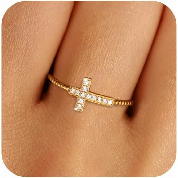 14K Gold Plated Cross Ring for Women 925 Sterling Silver Sideways Diamond Cross Rope Rings to Daughter Mother CZ Twisted Band Eternity Promise Rings Religious Belief Jewelry Christmas Gifts Size 6-9