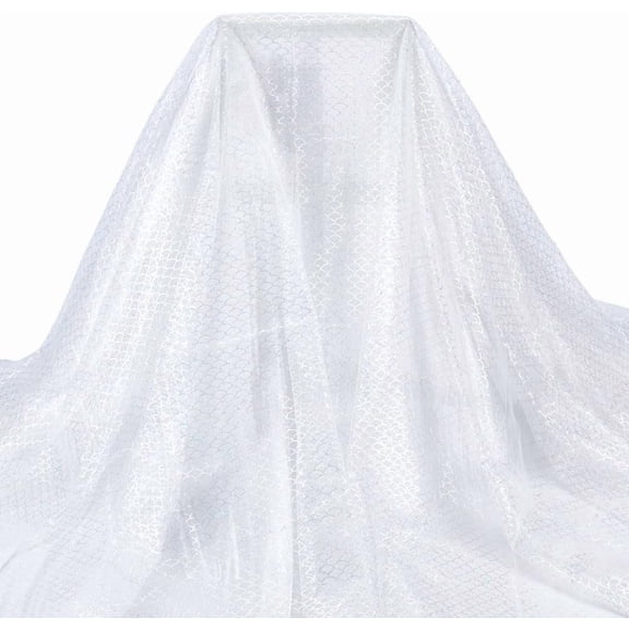 2.1 Yards White Scale Printed Mesh Fabric 67.7 inch Shiny Fish Scales Pattern Polyester Sheer Mesh Sewing Fabric