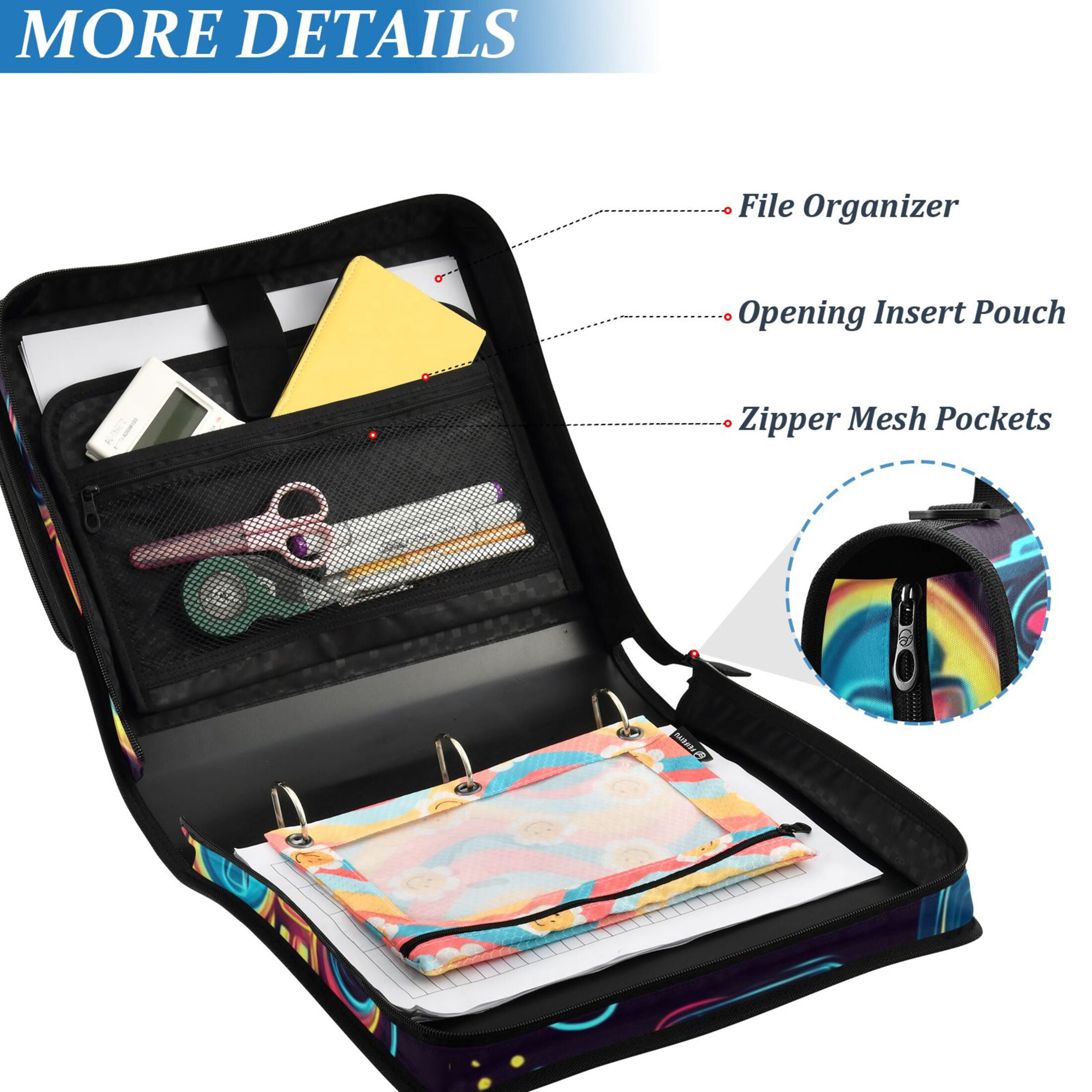 3 Ring Zipper Binder with Shoulder Strap Waterproof Trapper Keeper 1.5 Inch D-Ring 500 Sheets Capacity Neon Game Controllers