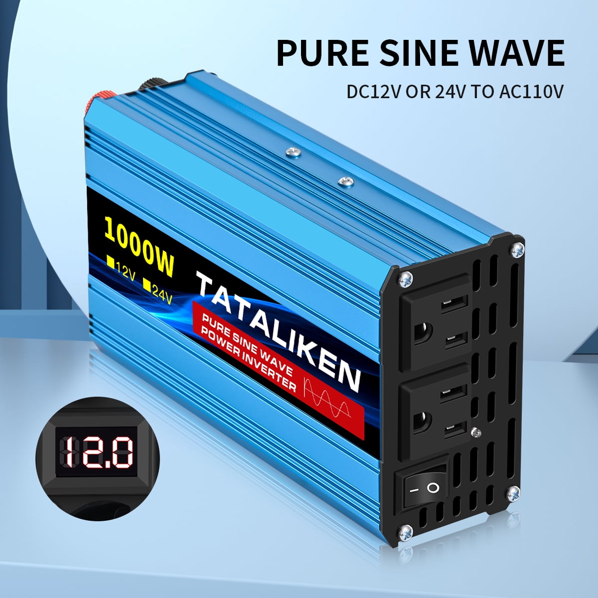 TATALIKEN 1000W（Rating power 400 W）Pure Sine Wave Power Inverter DC 12V to AC 110V/120V Car Inverter with Battery Clamp Cable 2 AC Outlets for Power Tools Home Vehicles RV Truck, LCD Display Blue