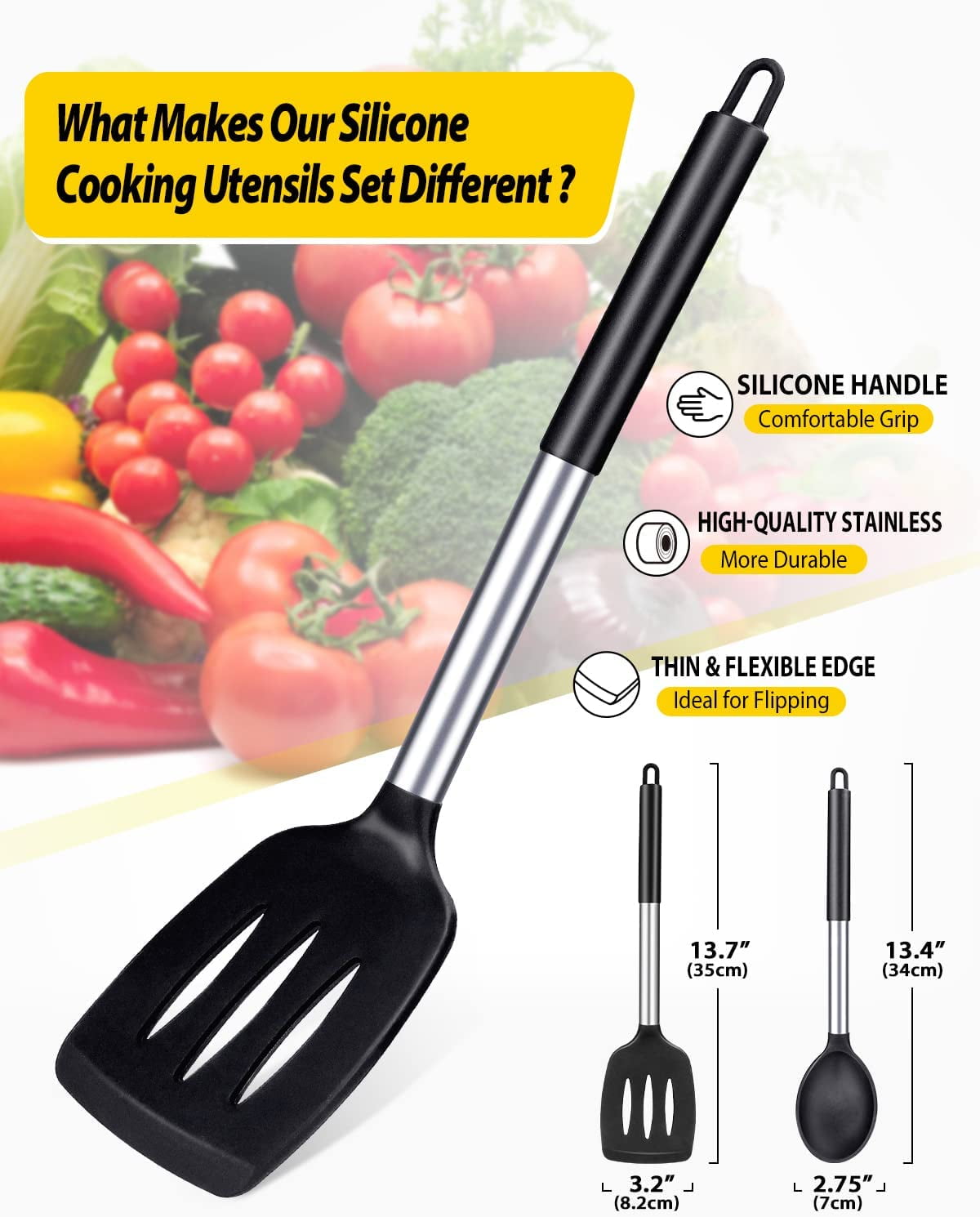 Bundlepro 4 Pack Silicone Home Kitchen Cooking Utensils Set, Solid Slotted Spatulas Spoons, Black
